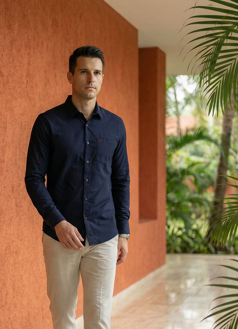 Navy Cotton Satin Print Slim Fit Full Sleeve Shirt