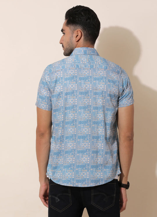 Skyblue Cotton Printed Slim Fit Shirt with Single Patch Pocket