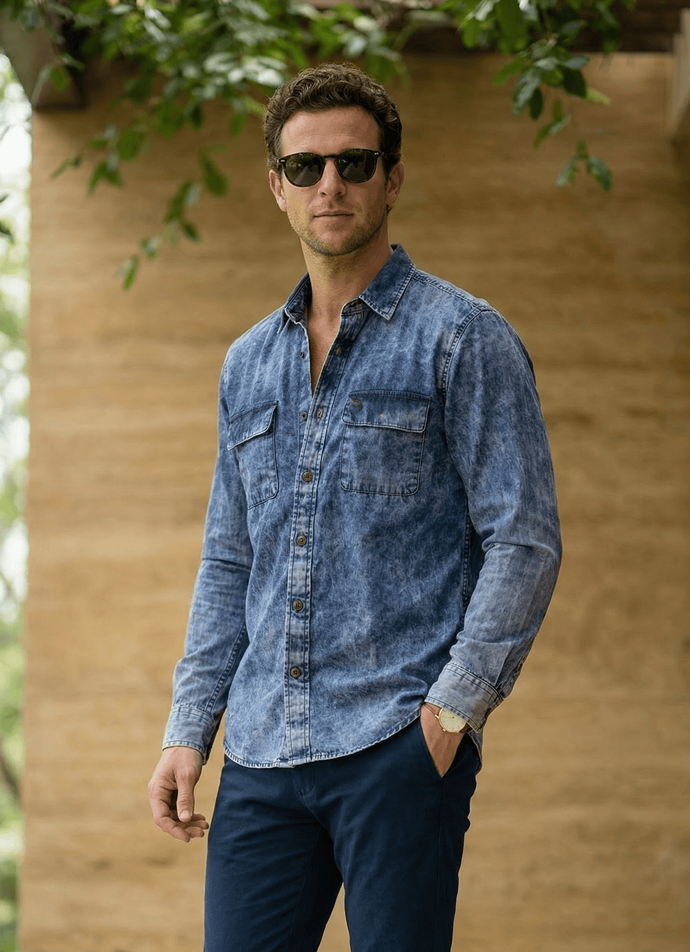 Indigo Acid Wash Denim Cotton Slim Fit Full Sleeve Shirt