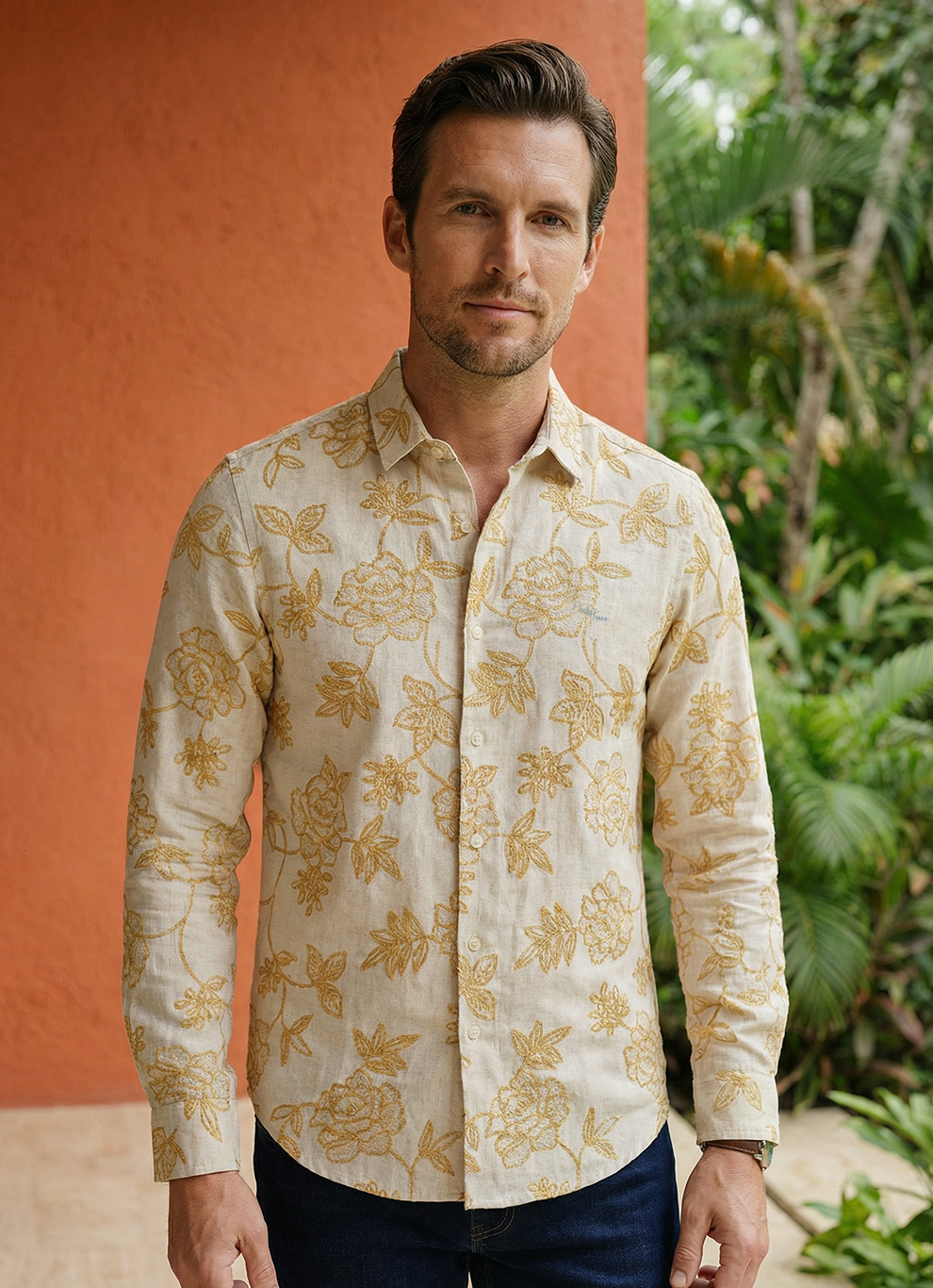 Yellow Printed Cotton Slim Fit Full Sleeve Shirt