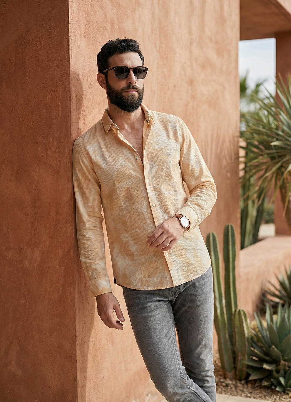 Orange Seersucker Print Cotton Slim Fit Full Sleeve Shirt