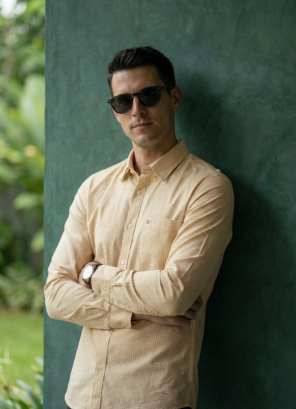 Beige Cotton Seersucker Checks Slim Fit Full Sleeve Shirt