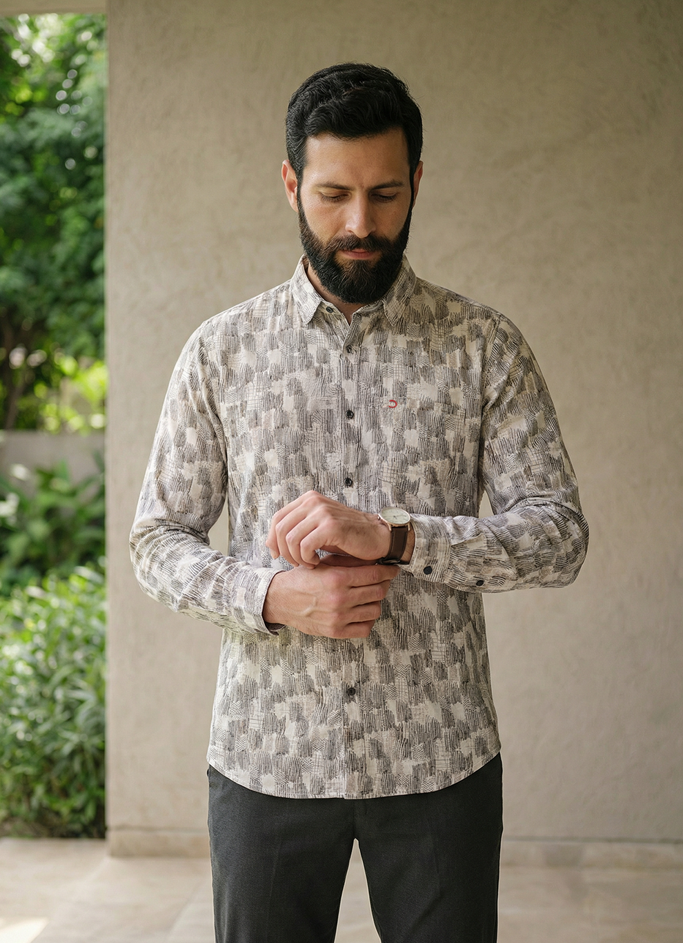 Beige Cotton Print Slim Fit Full Sleeve Shirt