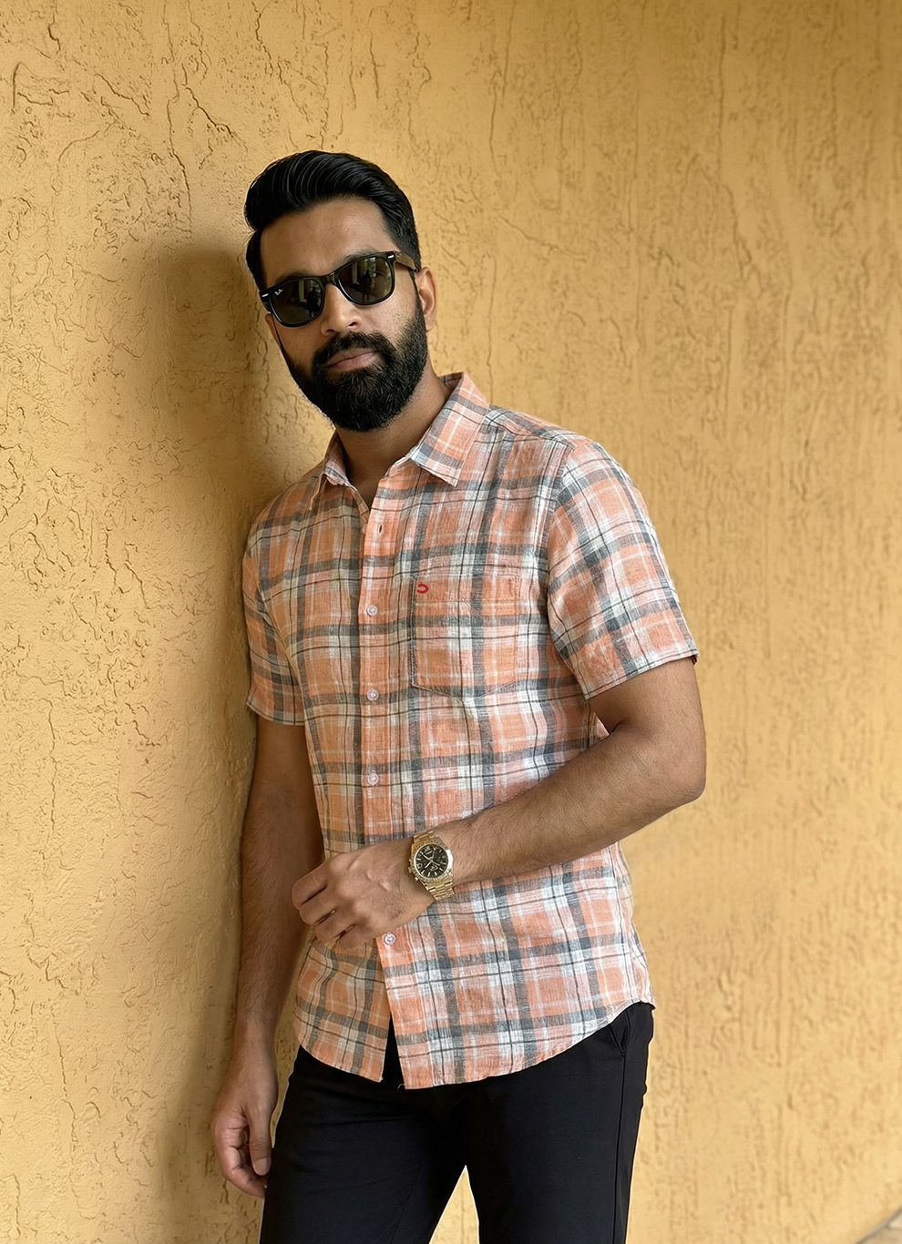 Pink Cotton Dobby Checks Slim Fit Half Sleeve Shirt