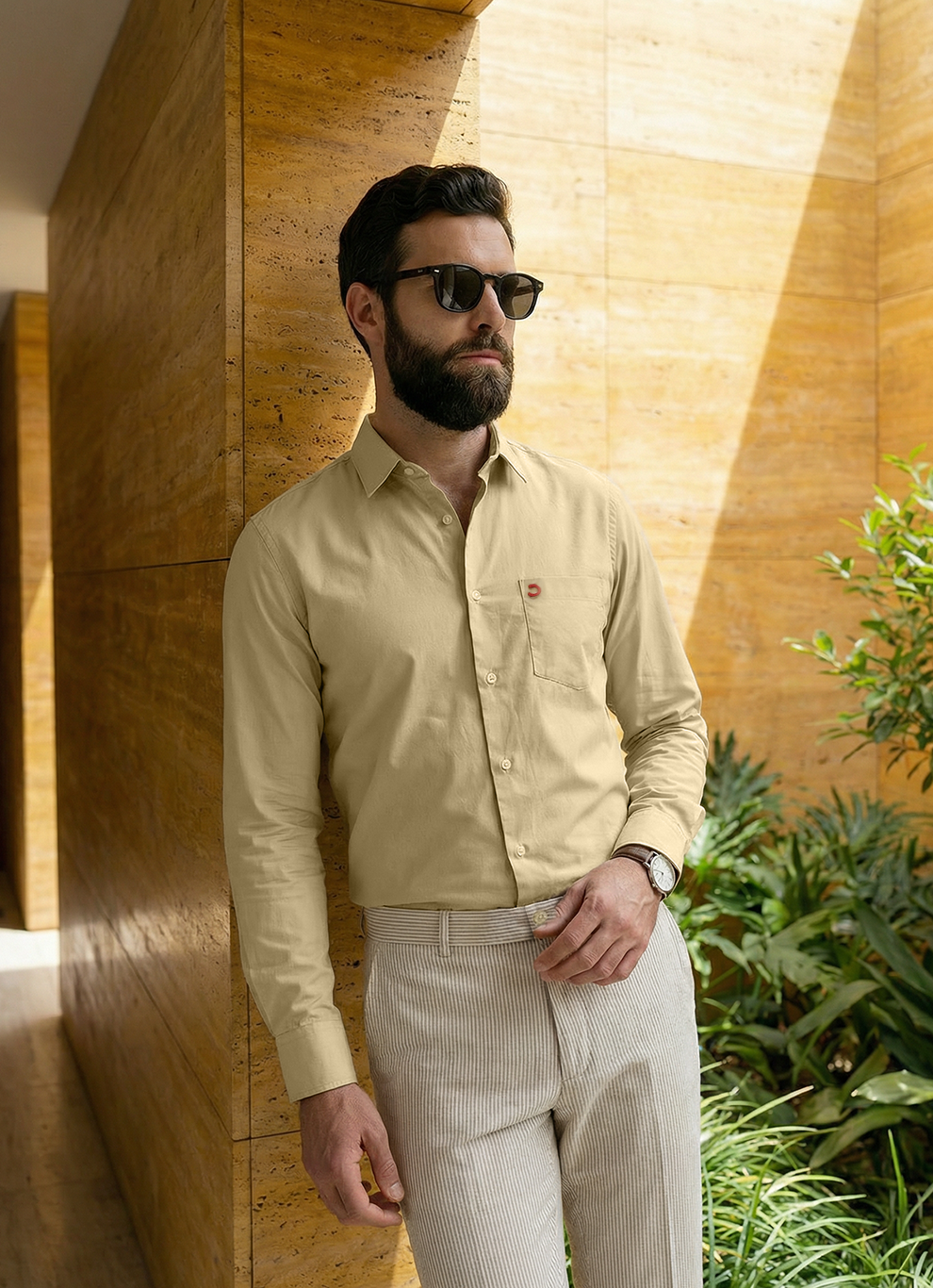 Khaki Cotton Satin Print Slim Fit Full Sleeve Shirt