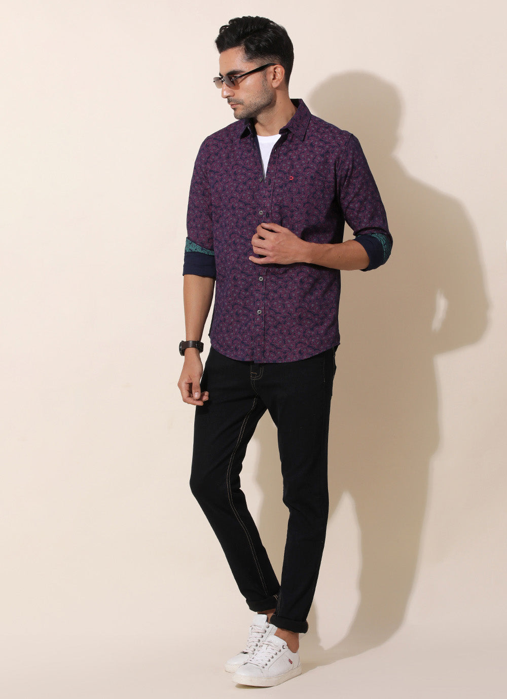 Rique Pink -  Slim Fit Denim Printed Shirt With Single Patch Pocket