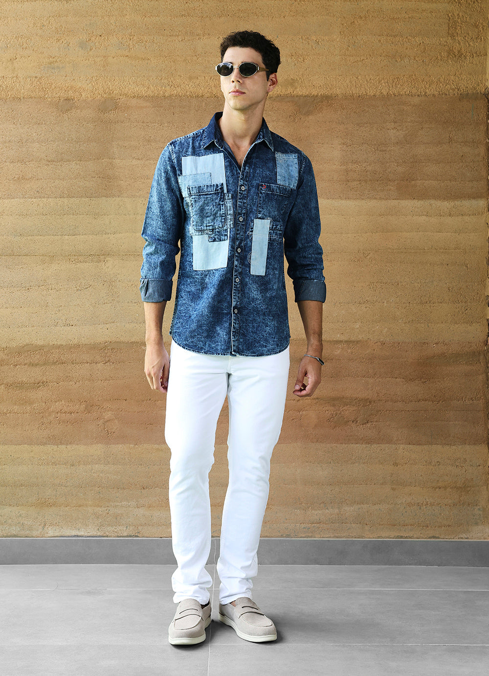 Navy Patch Indigo Denim Slim Fit Shirt