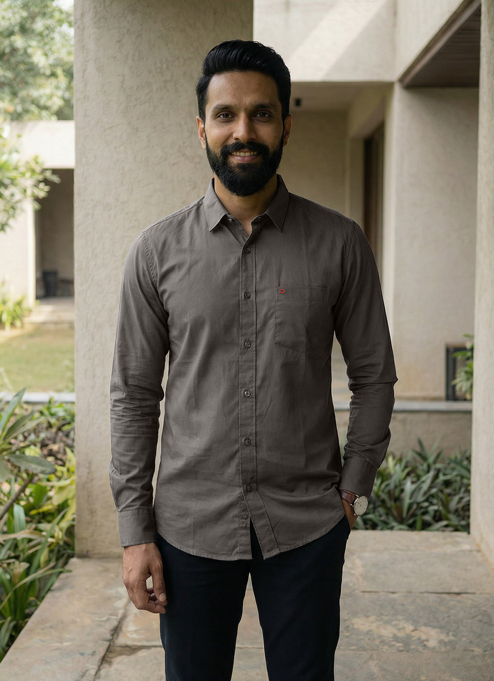 Grey Cotton Satin Print Slim Fit Full Sleeve Shirt