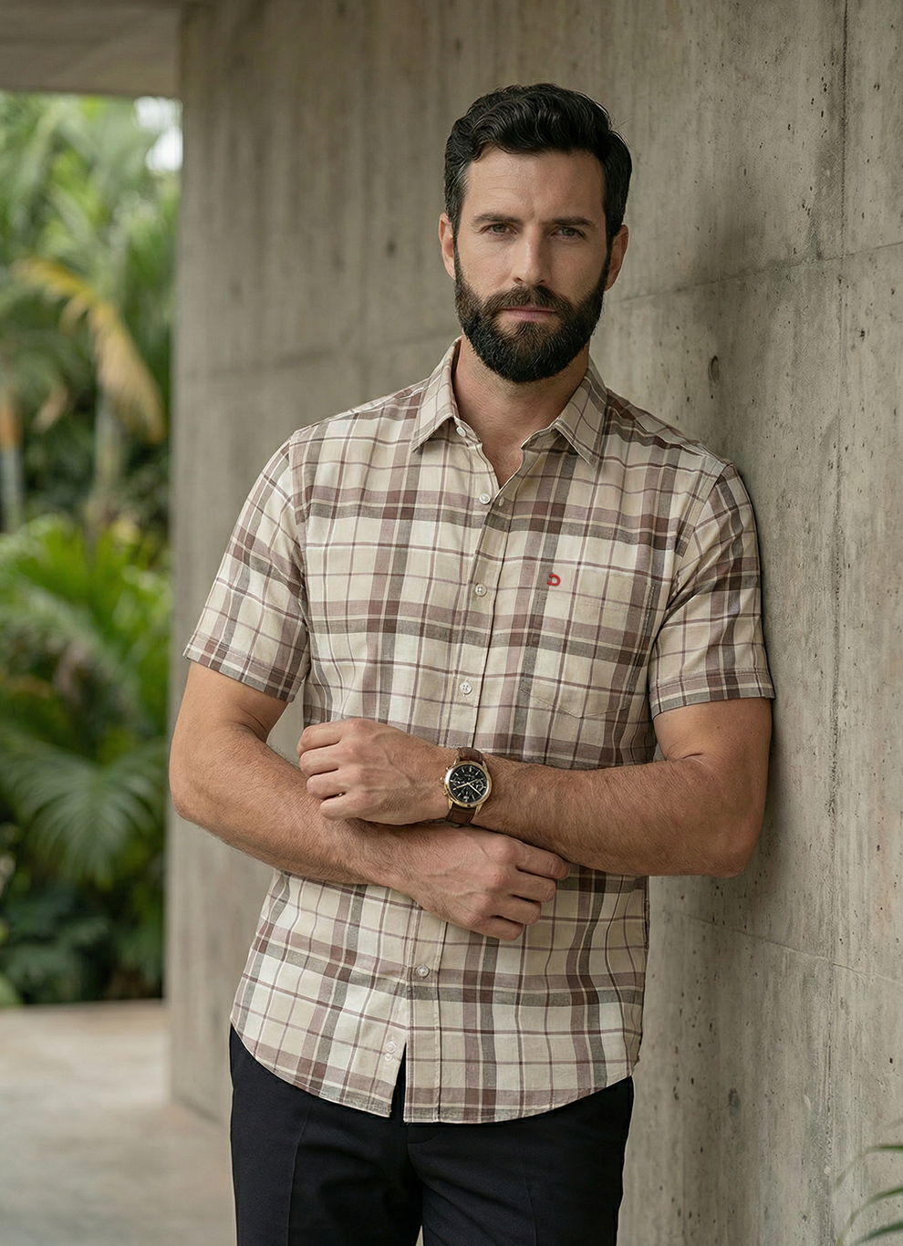 Beige Cotton Stripes Slim Fit Half Sleeve Shirt