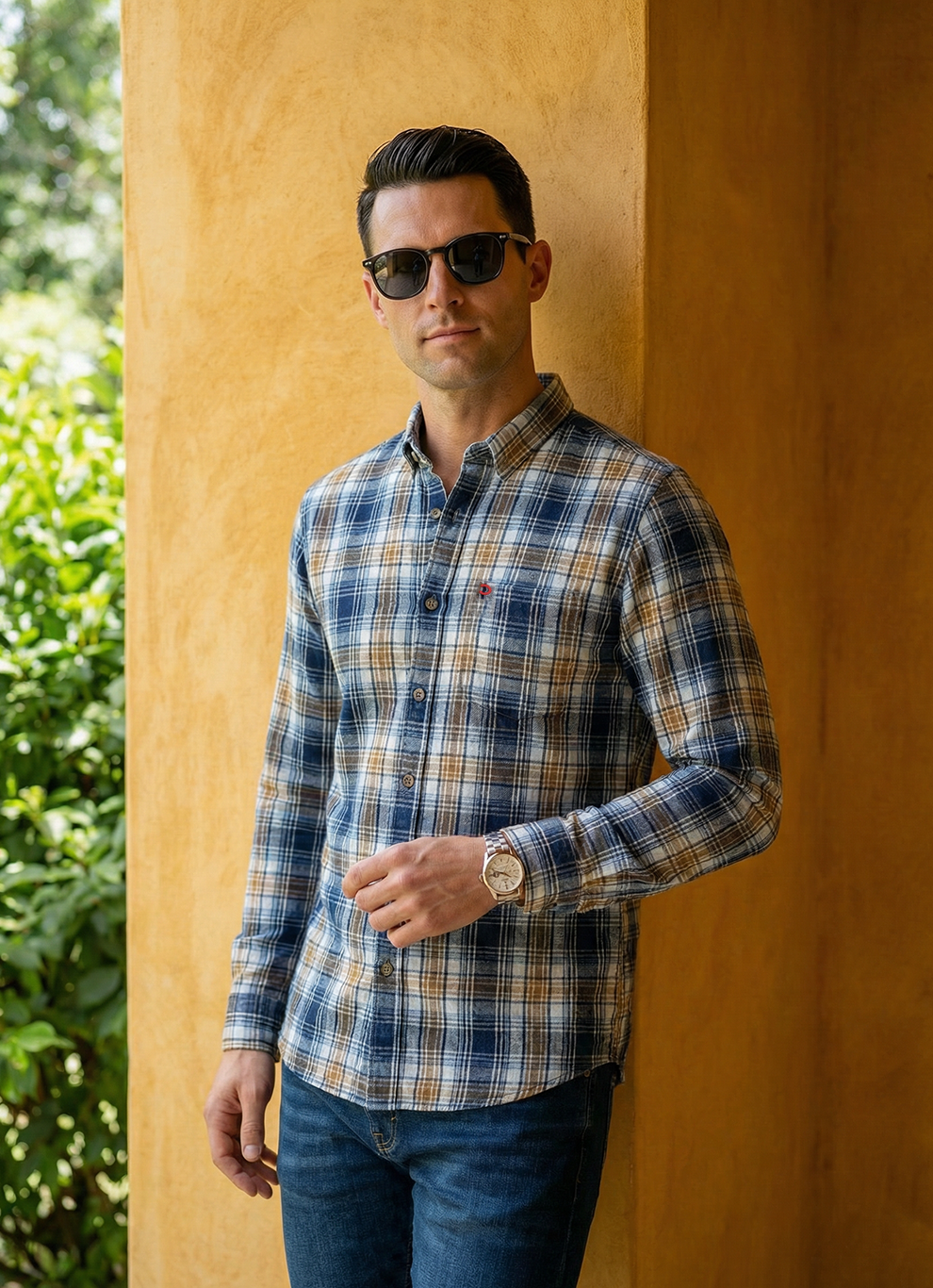 Olive Indigo Seersucker Checks Cotton Slim Fit Full Sleeve Shirt