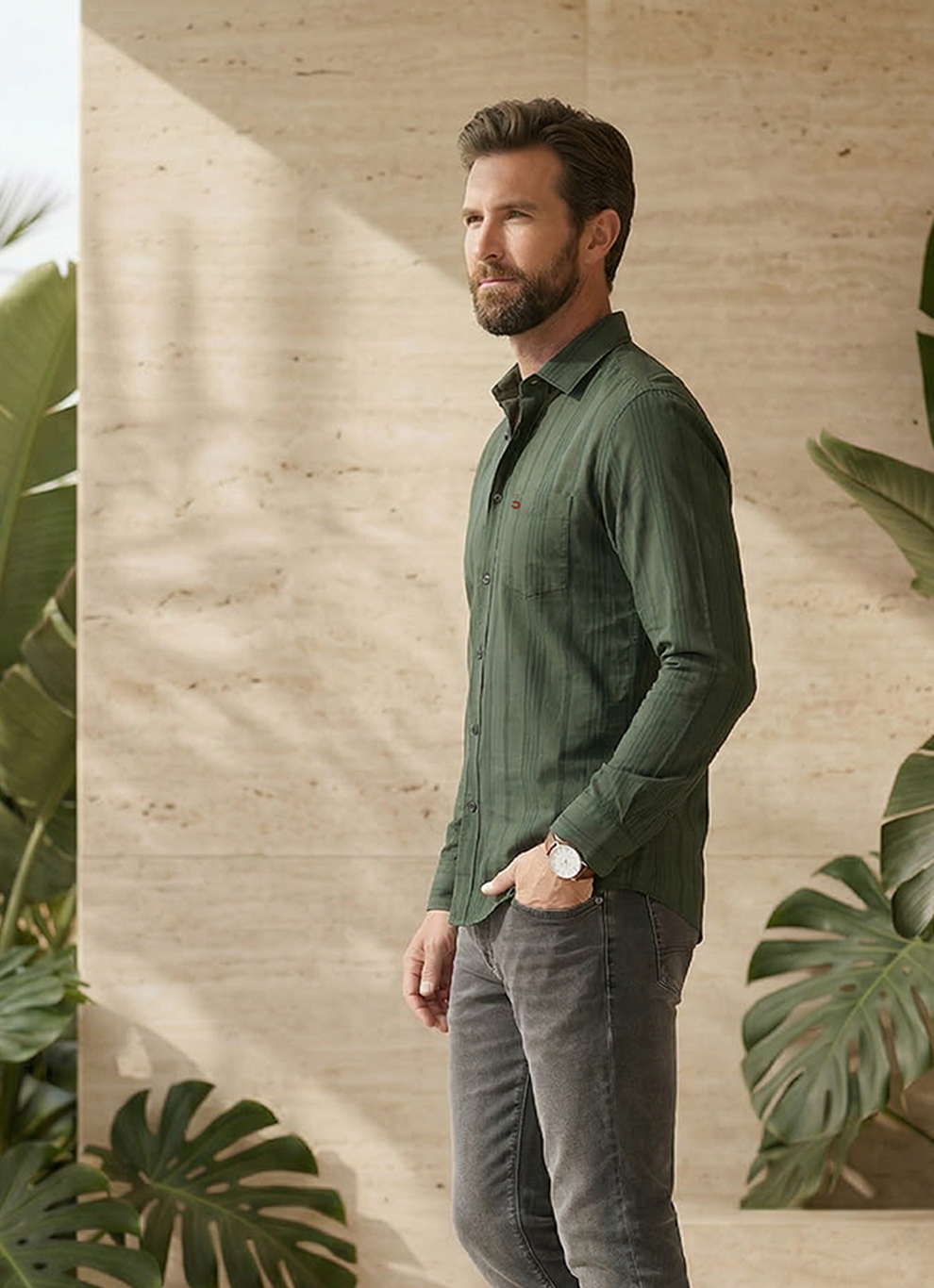 Green Cotton Slim Fit Full Sleeve Shirt