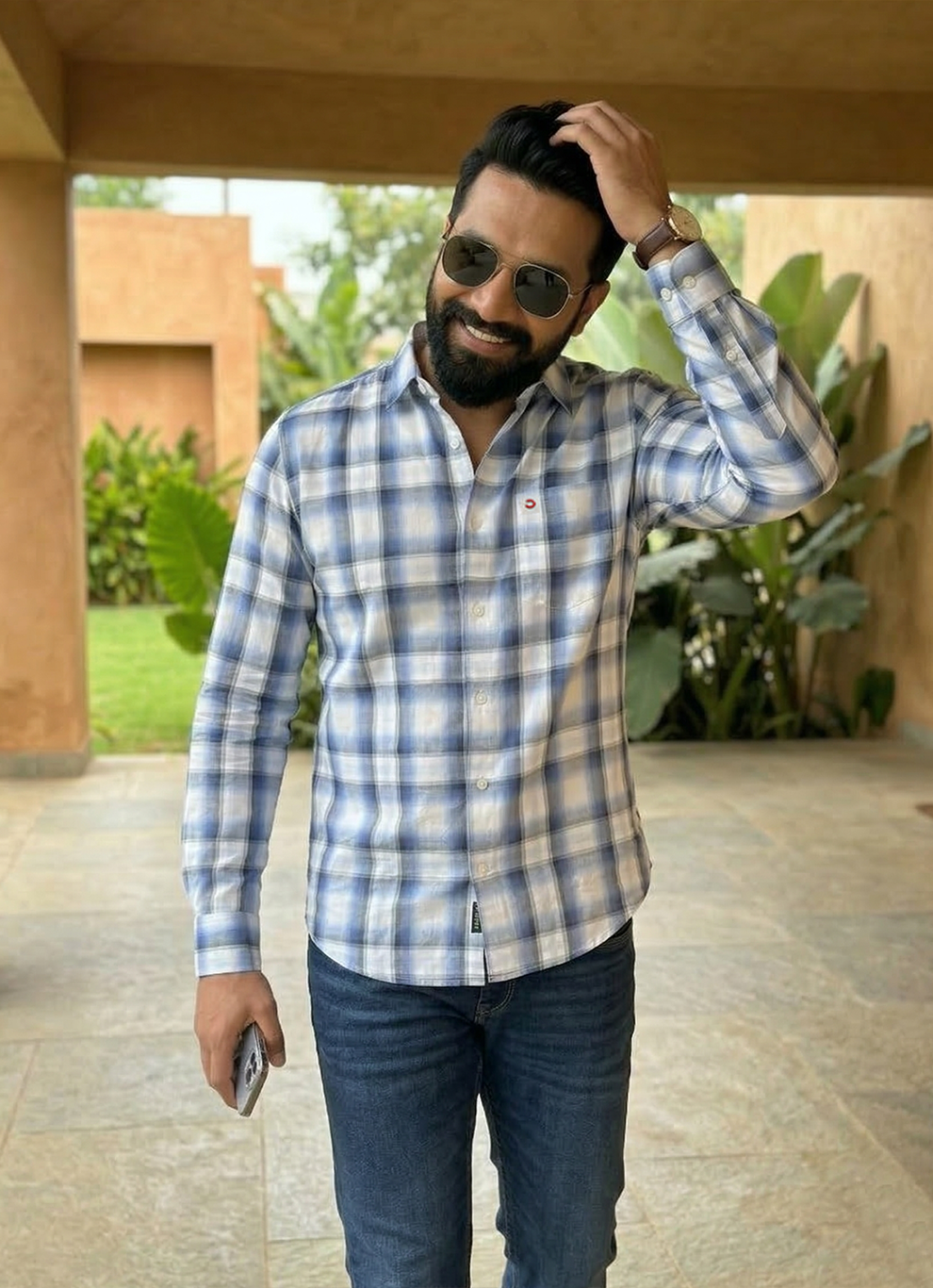 Blue Cotton Checks Slim Fit Full Sleeve Shirt