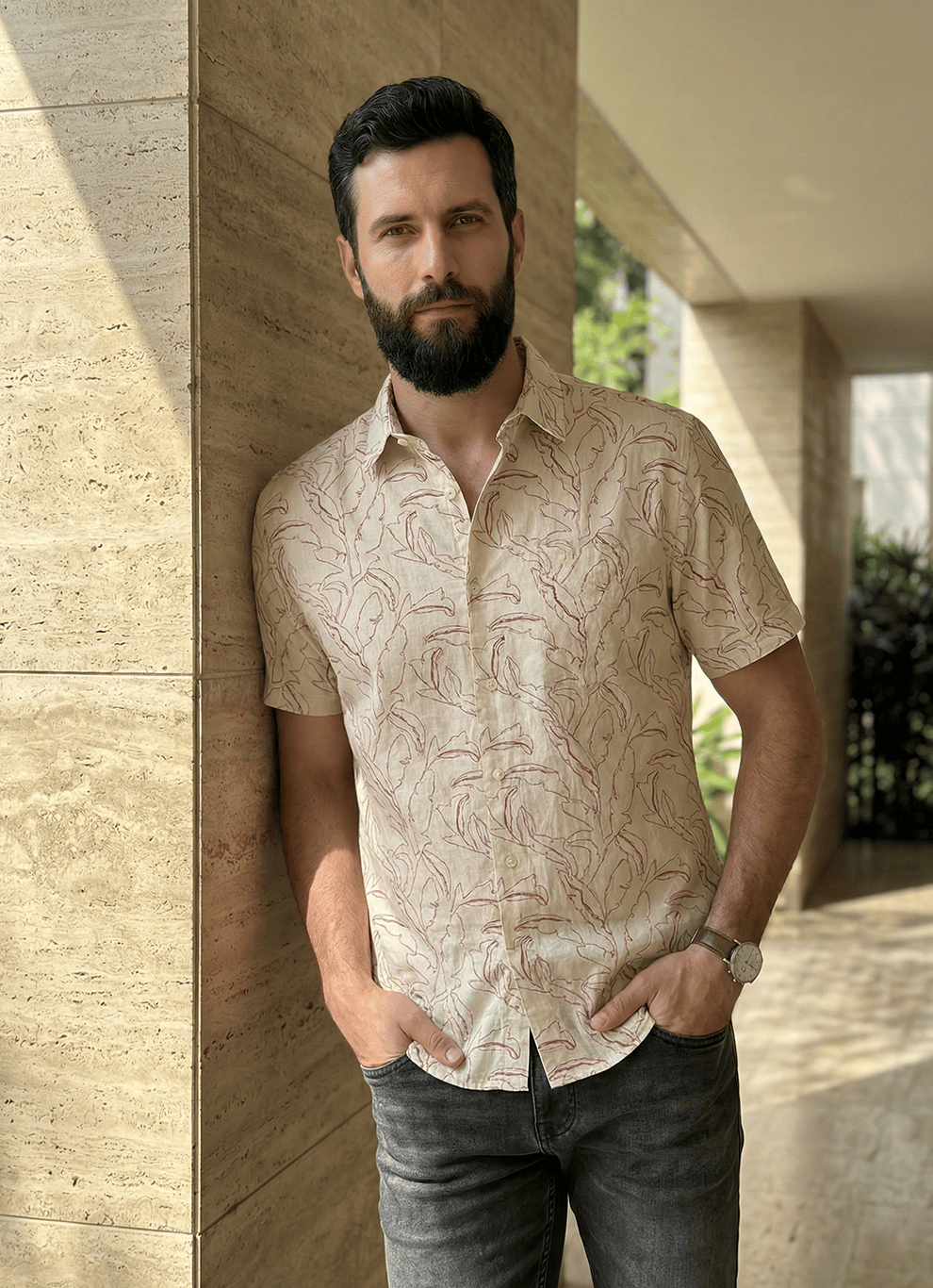 Red Printed Cotton Slim Fit Short Sleeve Shirt
