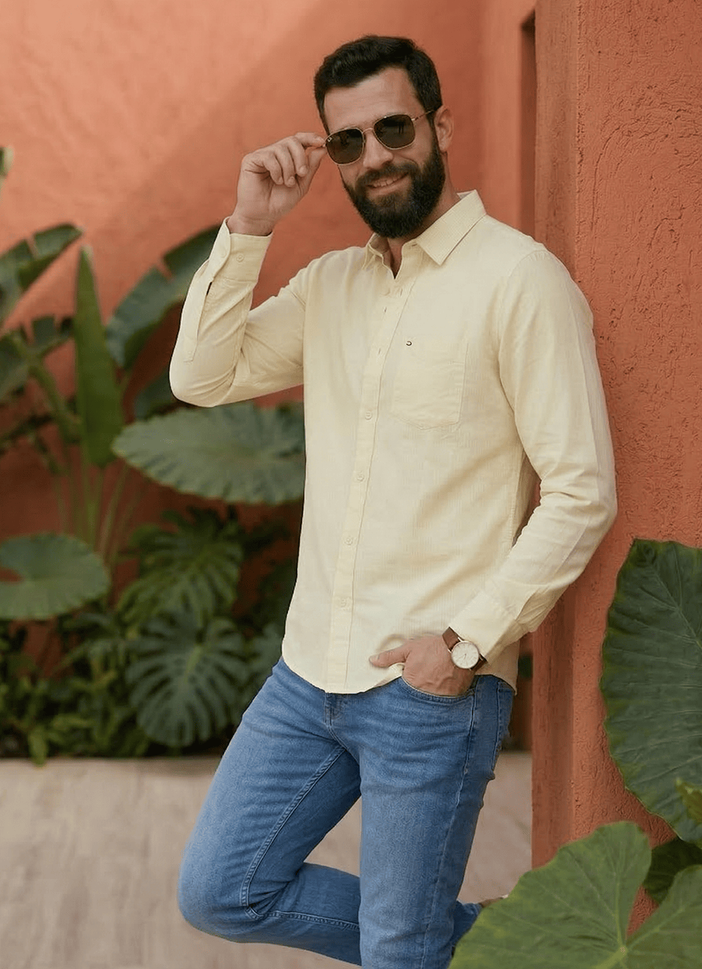 Yellow Cotton Slim Fit Full Sleeve Shirt