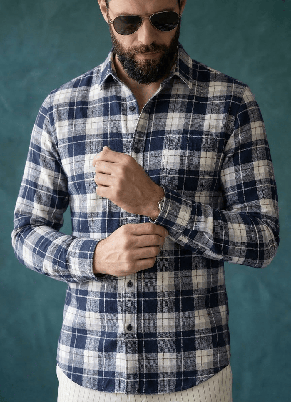 Navy Cotton Checks Slim Fit Full Sleeve Shirt