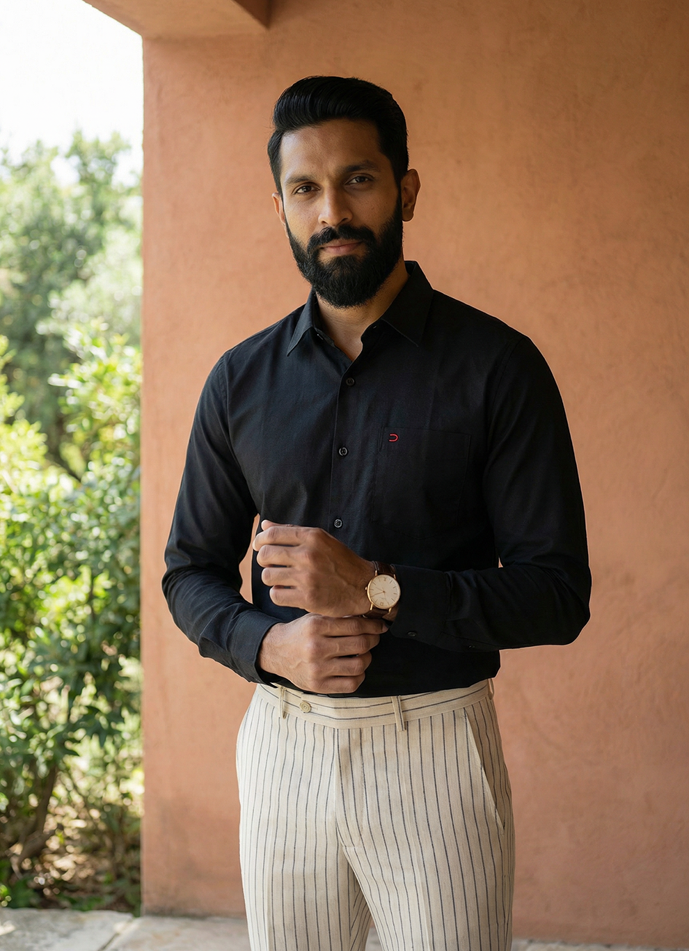 Dark Black Cotton Print Slim Fit Full Sleeve Shirt