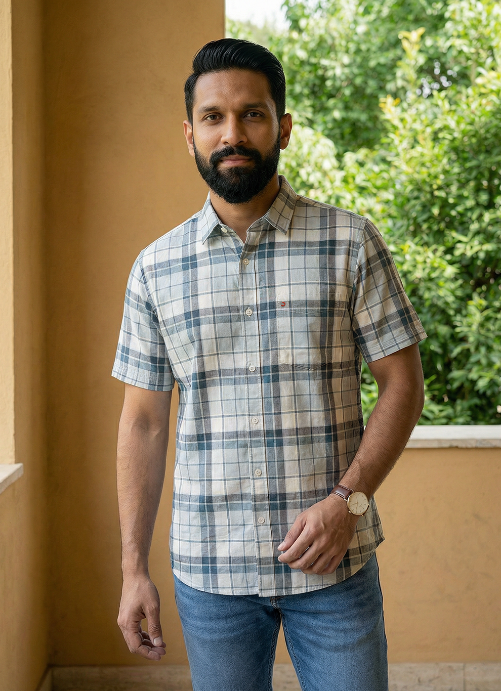 Teal Blue Cotton Stripes Slim Fit Half Sleeve Shirt