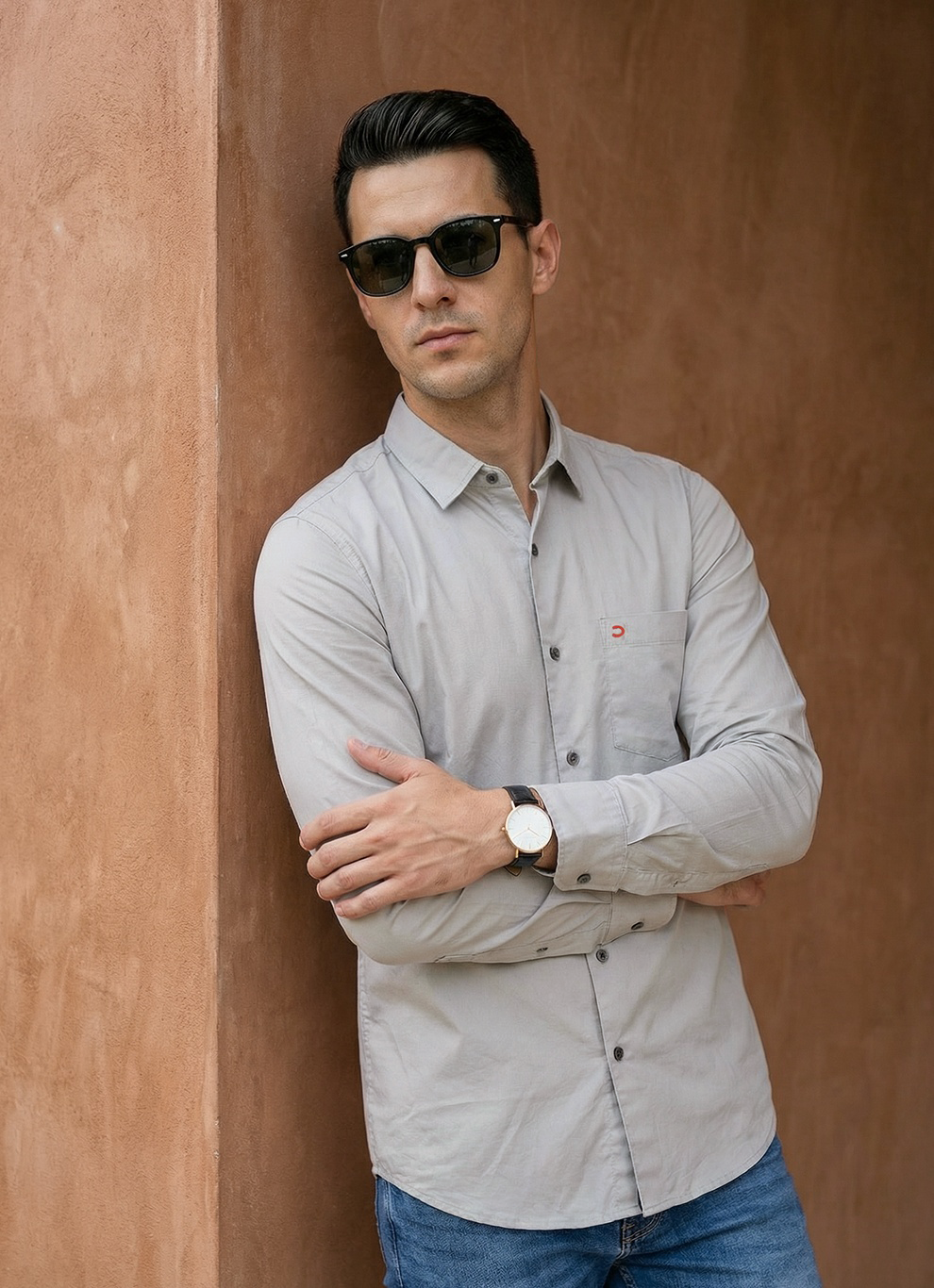 Grey Cotton Satin Print Slim Fit Full Sleeve Shirt