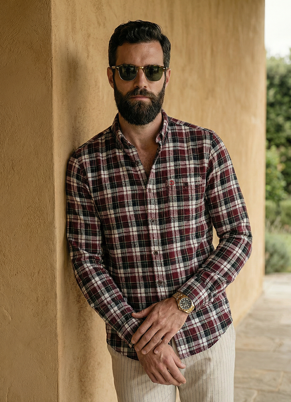Maroon Cotton Dobby Checks Slim Fit Full Sleeve Shirt