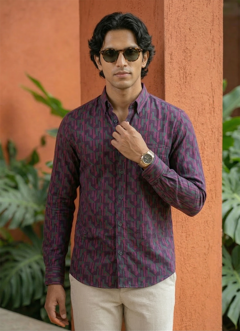 Green Cotton Print Slim Fit Full Sleeve Shirt
