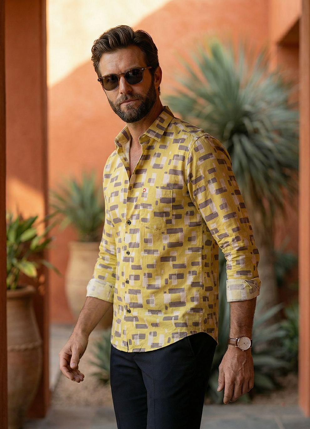Yellow Cotton Satin Print Slim Fit Full Sleeve Shirt