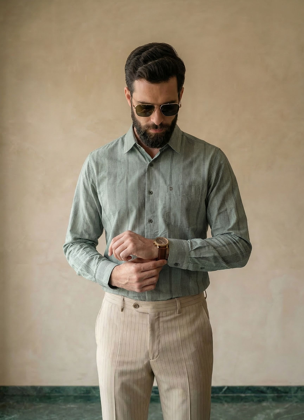 Olive Cotton Seersucker Stripes Slim Fit Full Sleeve Shirt