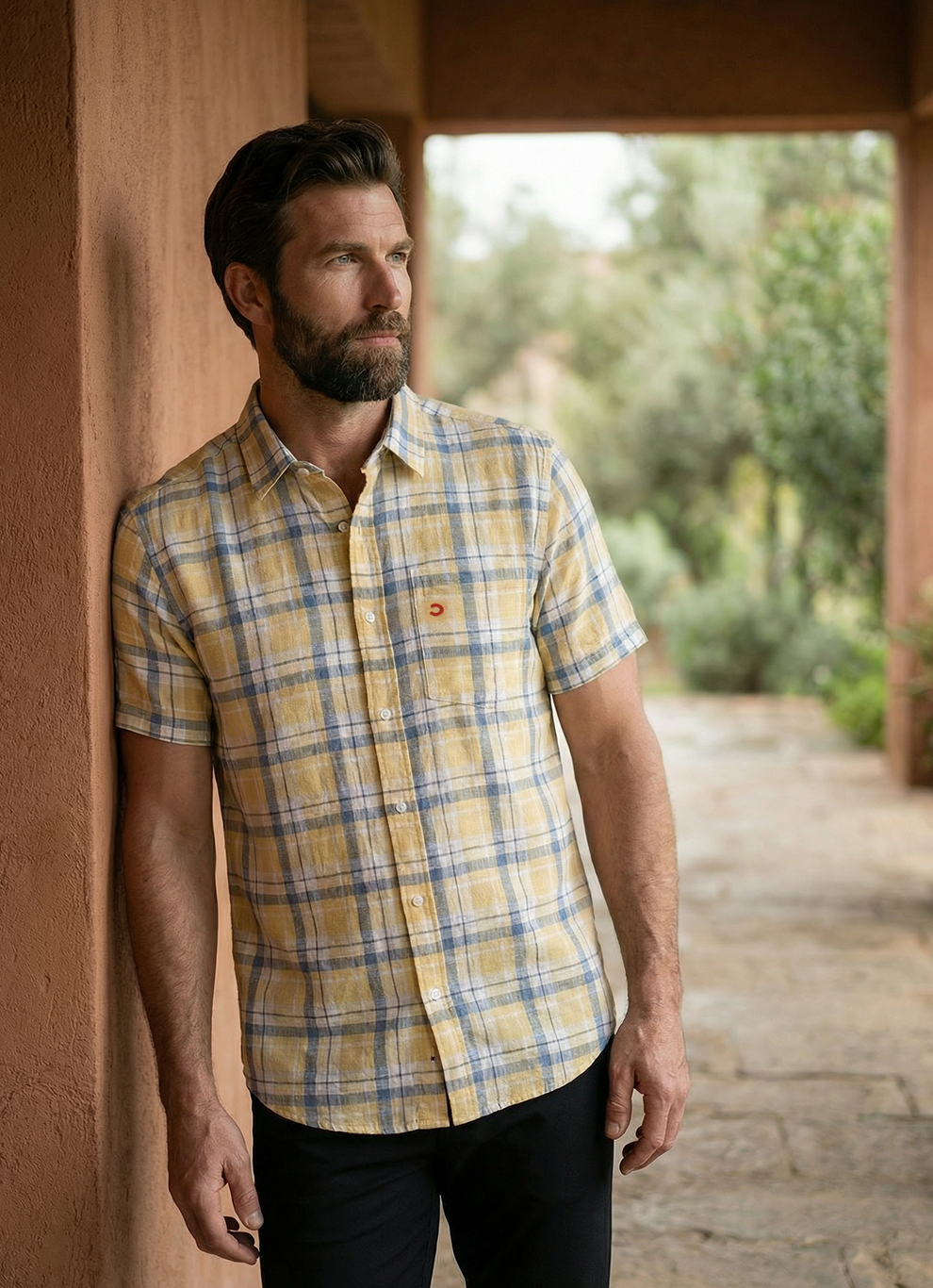 Yellow Cotton Dobby Checks Slim Fit Half Sleeve Shirt