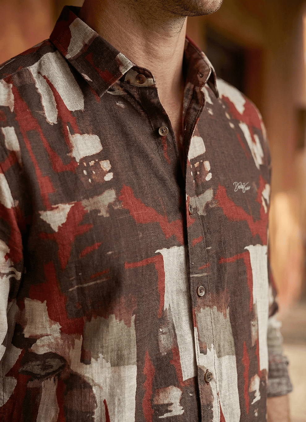 Dark Brown Printed Cotton Slim Fit Full Sleeve Shirt