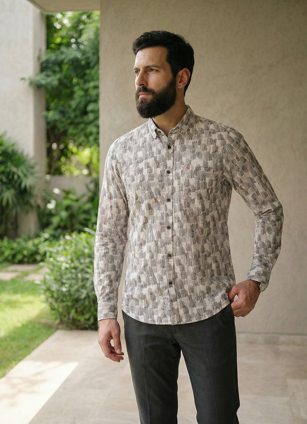 Beige Cotton Print Slim Fit Full Sleeve Shirt