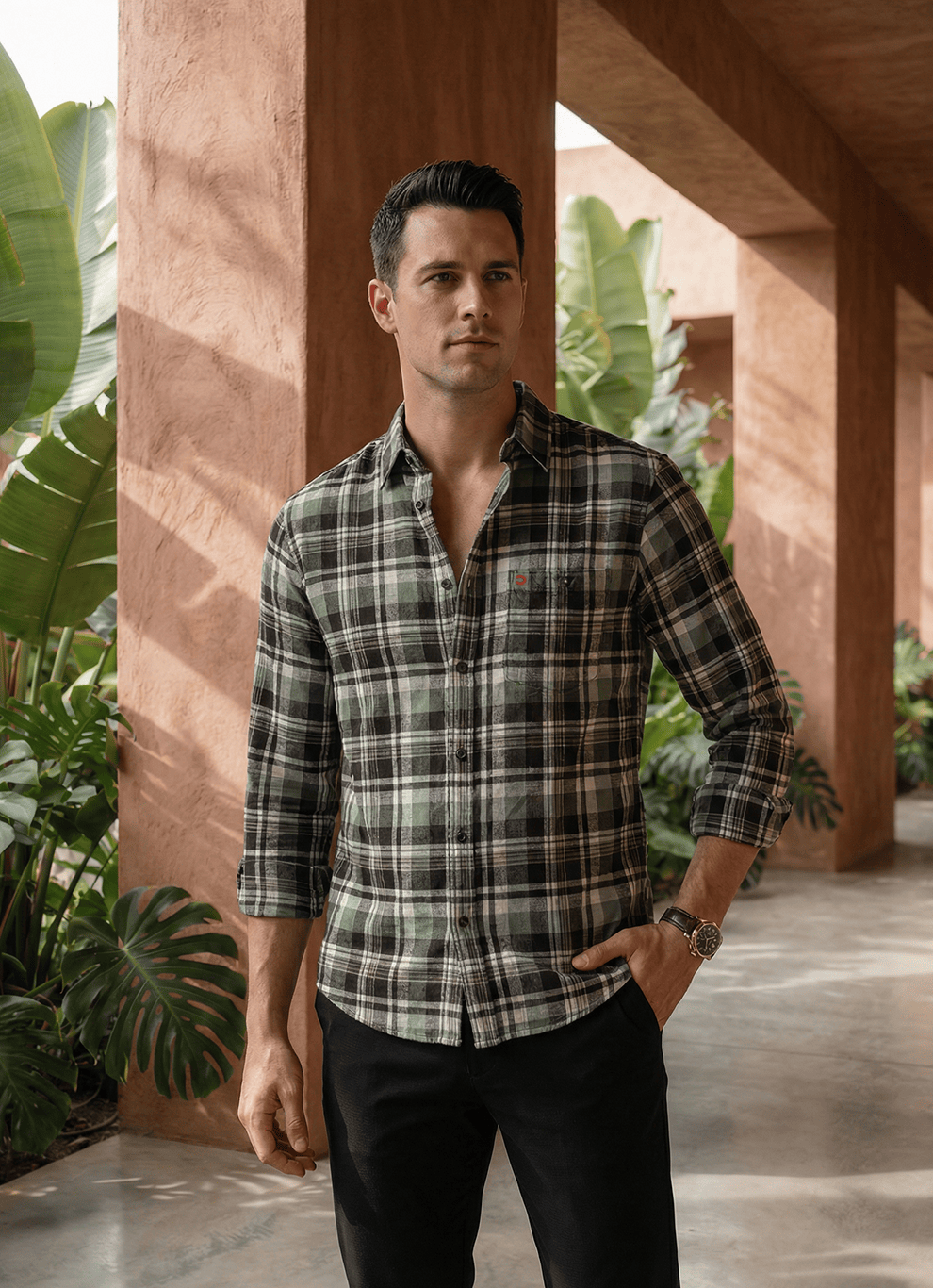 Olive Check Cotton Slim Fit Full Sleeve Shirt
