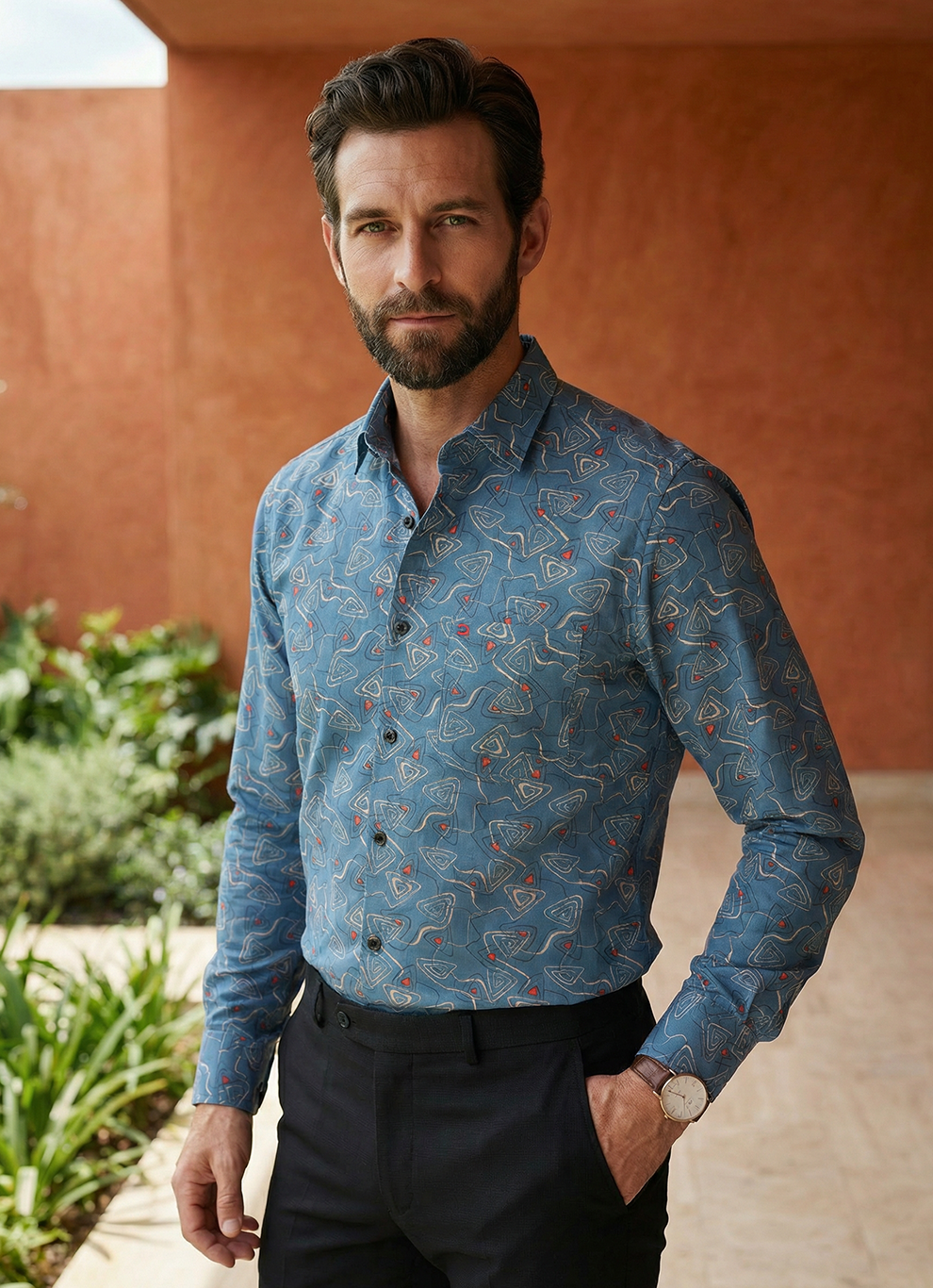 Blue Viscose Print Slim Fit Full Sleeve Shirt