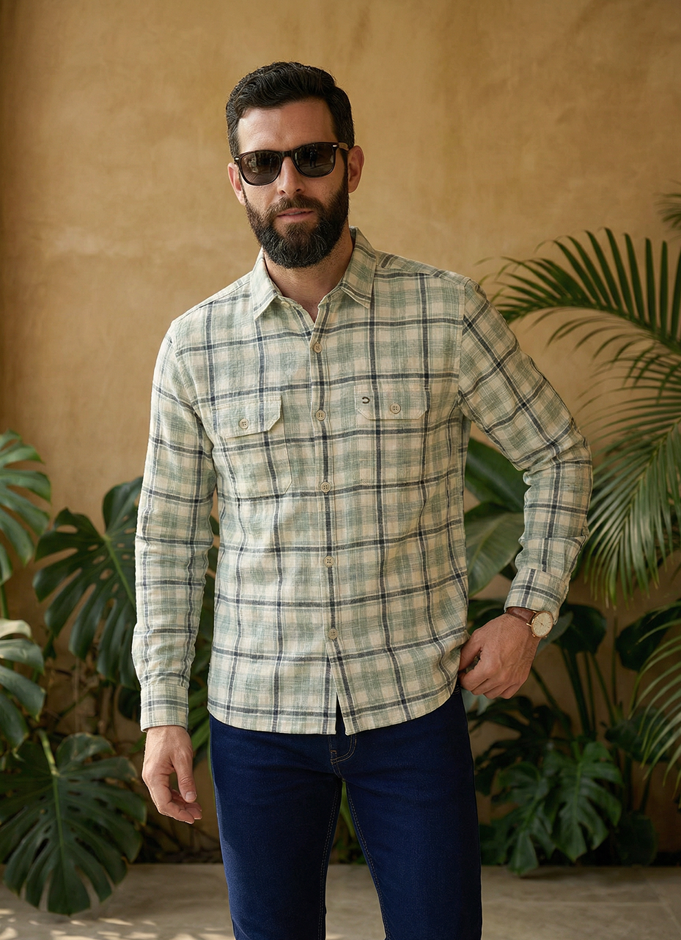 Olive Cotton Dobby Regular Fit Full Sleeve Shirt