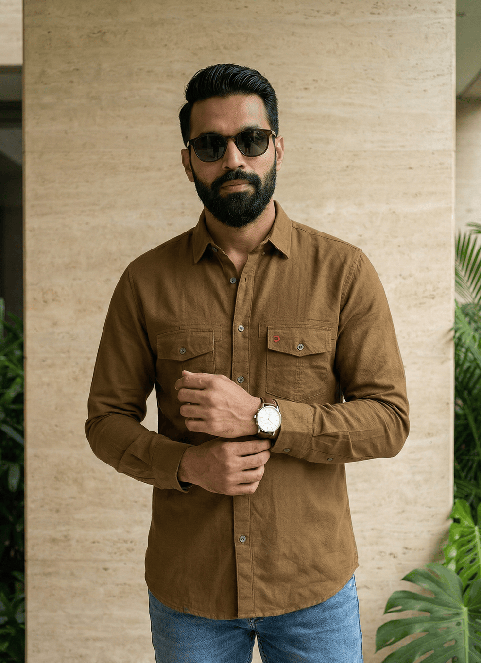 Khaki Sulphur Denim Cotton Slim Fit Full Sleeve Shirt