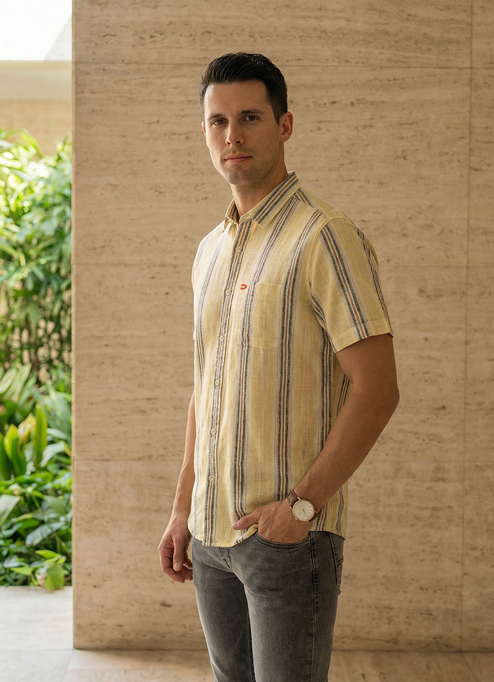 Yellow Cotton Amslar Slim Fit Half Sleeve Shirt