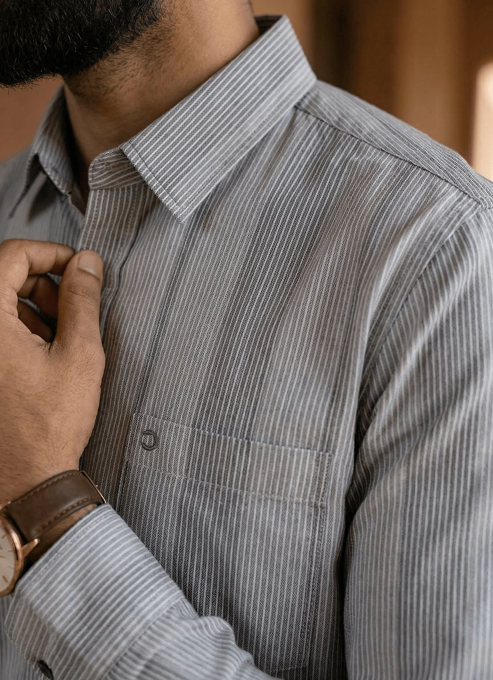 Grey Cotton Seersucker Stripes Slim Fit Full Sleeve Shirt