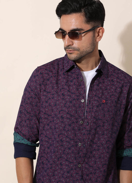 Rique Pink -  Slim Fit Denim Printed Shirt With Single Patch Pocket