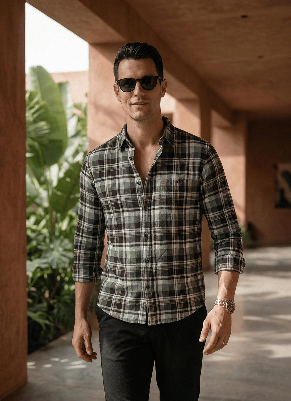 Olive Check Cotton Slim Fit Full Sleeve Shirt