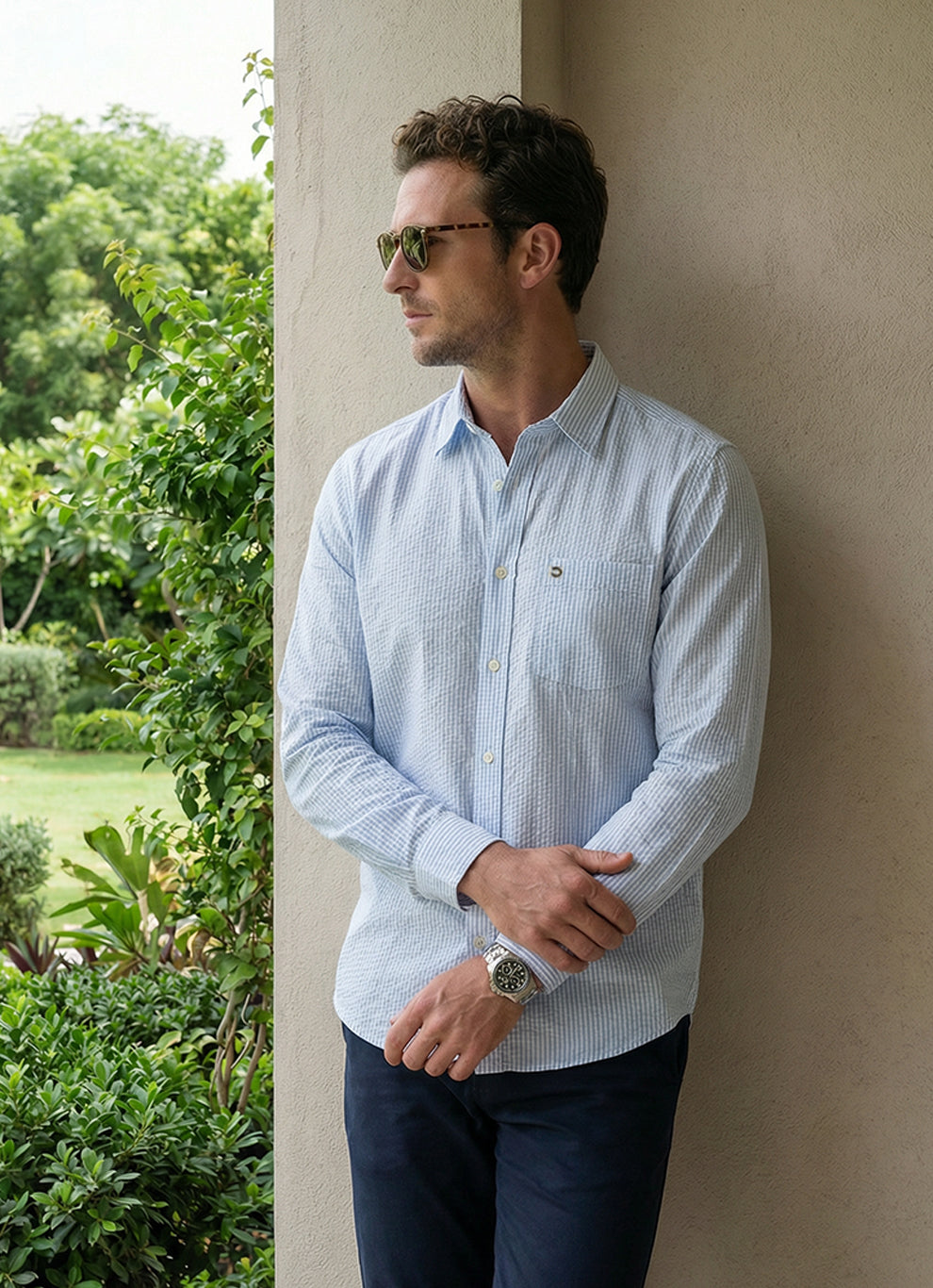 Blue Cotton Seersucker Stripes Slim Fit Full Sleeve Shirt