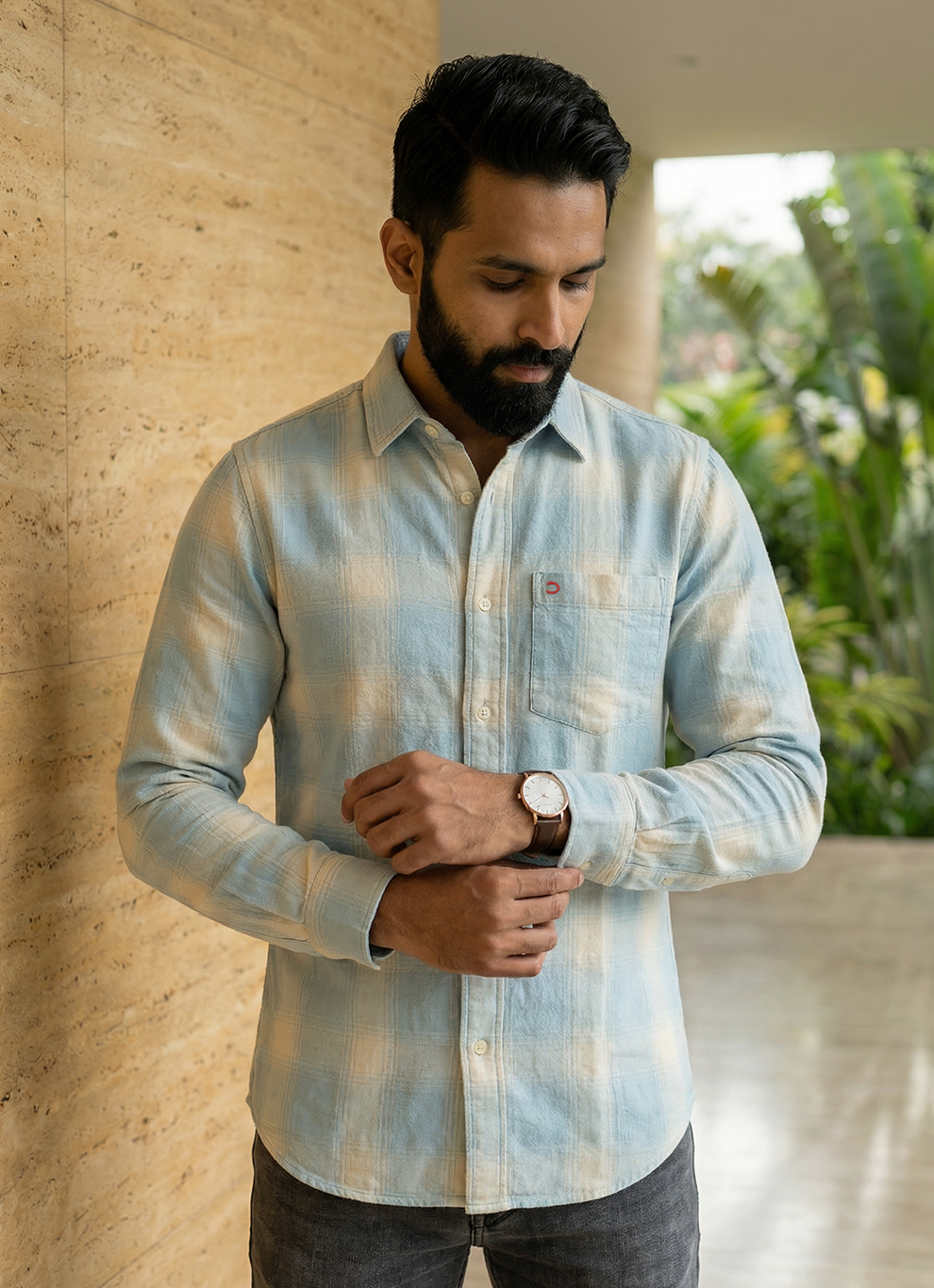 Blue Cotton Checks Slim Fit Full Sleeve Shirt