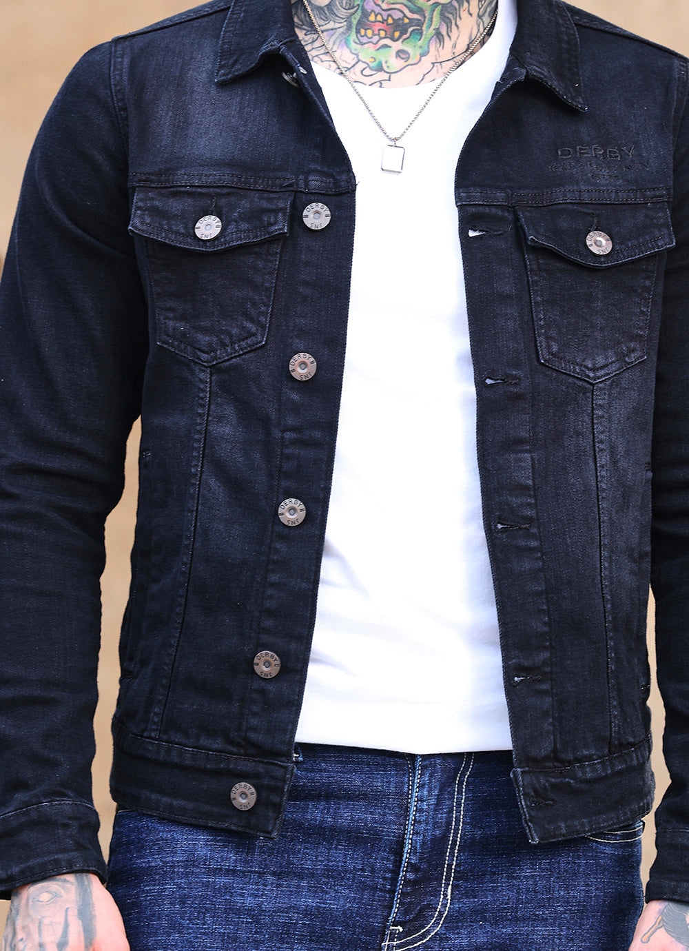 Grey Solid Denim Slim Fit Jacket