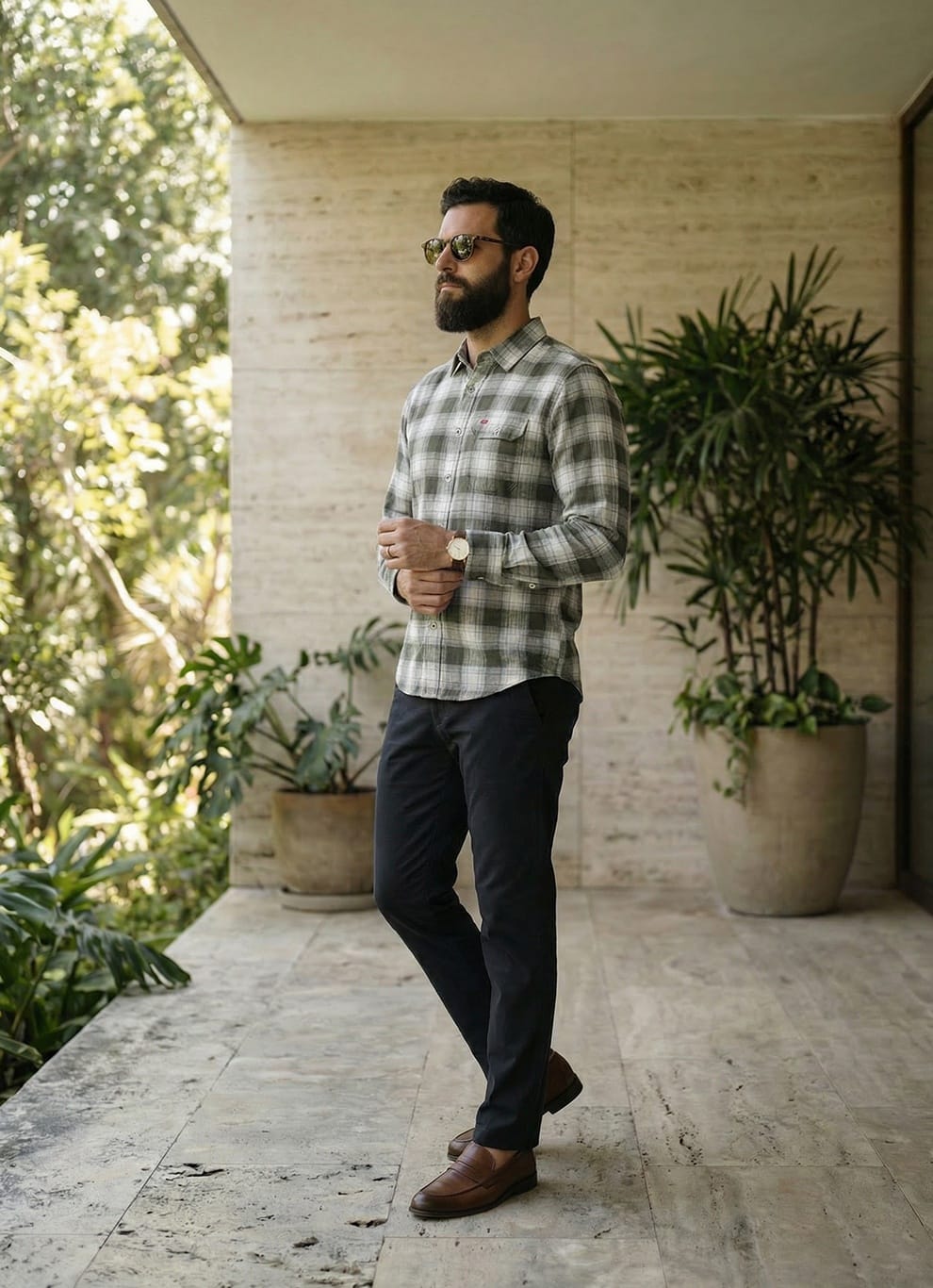 Green Cotton Dobby Checks Slim Fit Full Sleeve Shirt, view 3