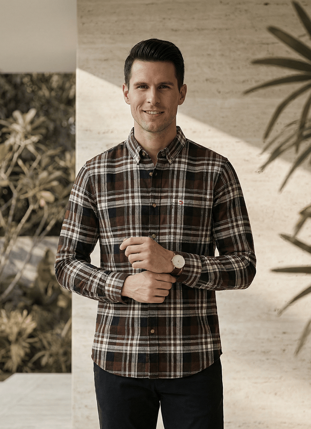 Dark Brown Cotton Dobby Slim Fit Full Sleeve Shirt