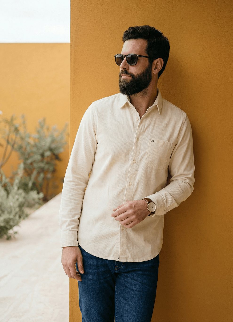Beige Cotton Slim Fit Full Sleeve Shirt