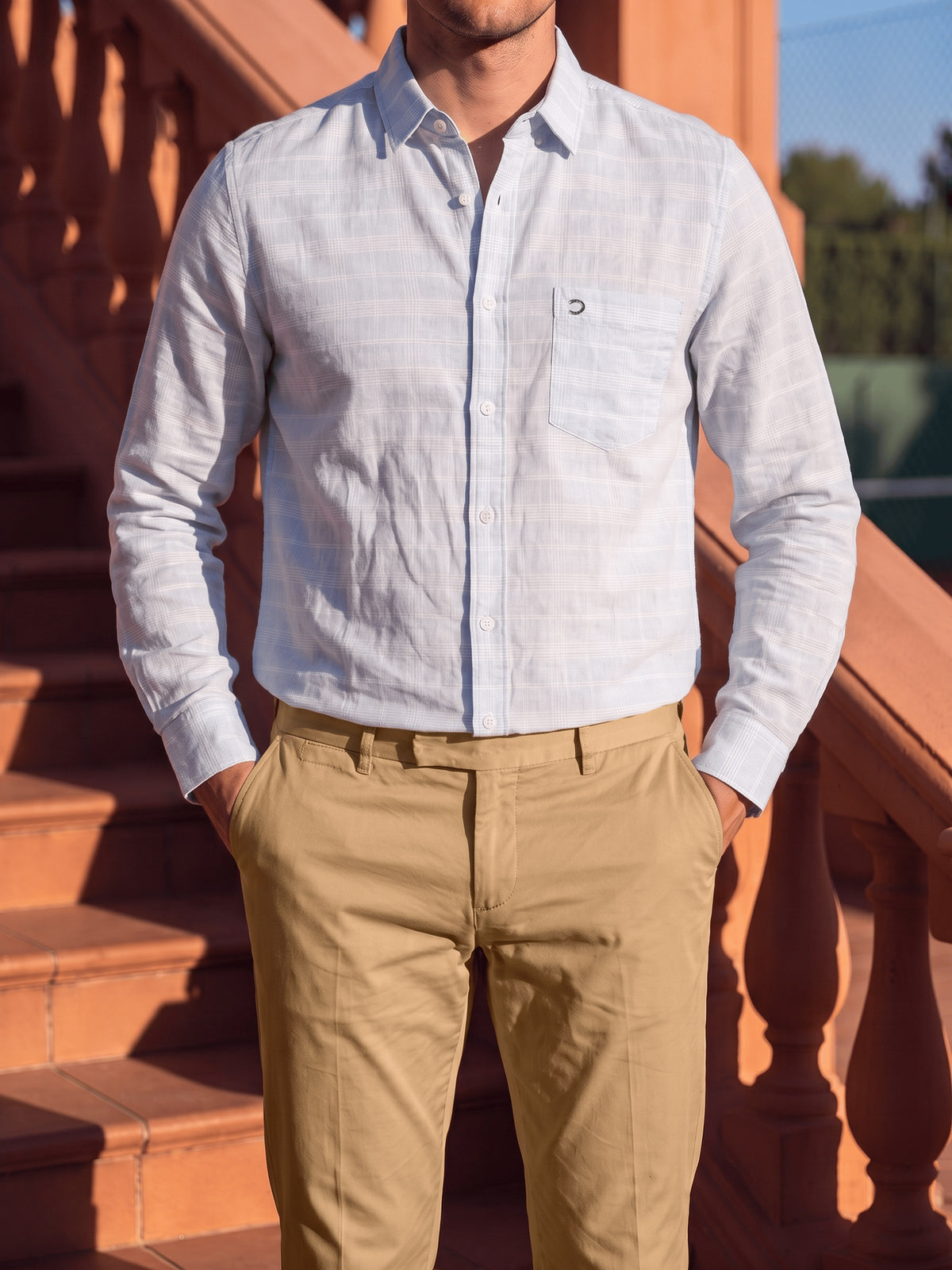 Blue Checked Cotton Linen Slim Fit Full Sleeve Shirt