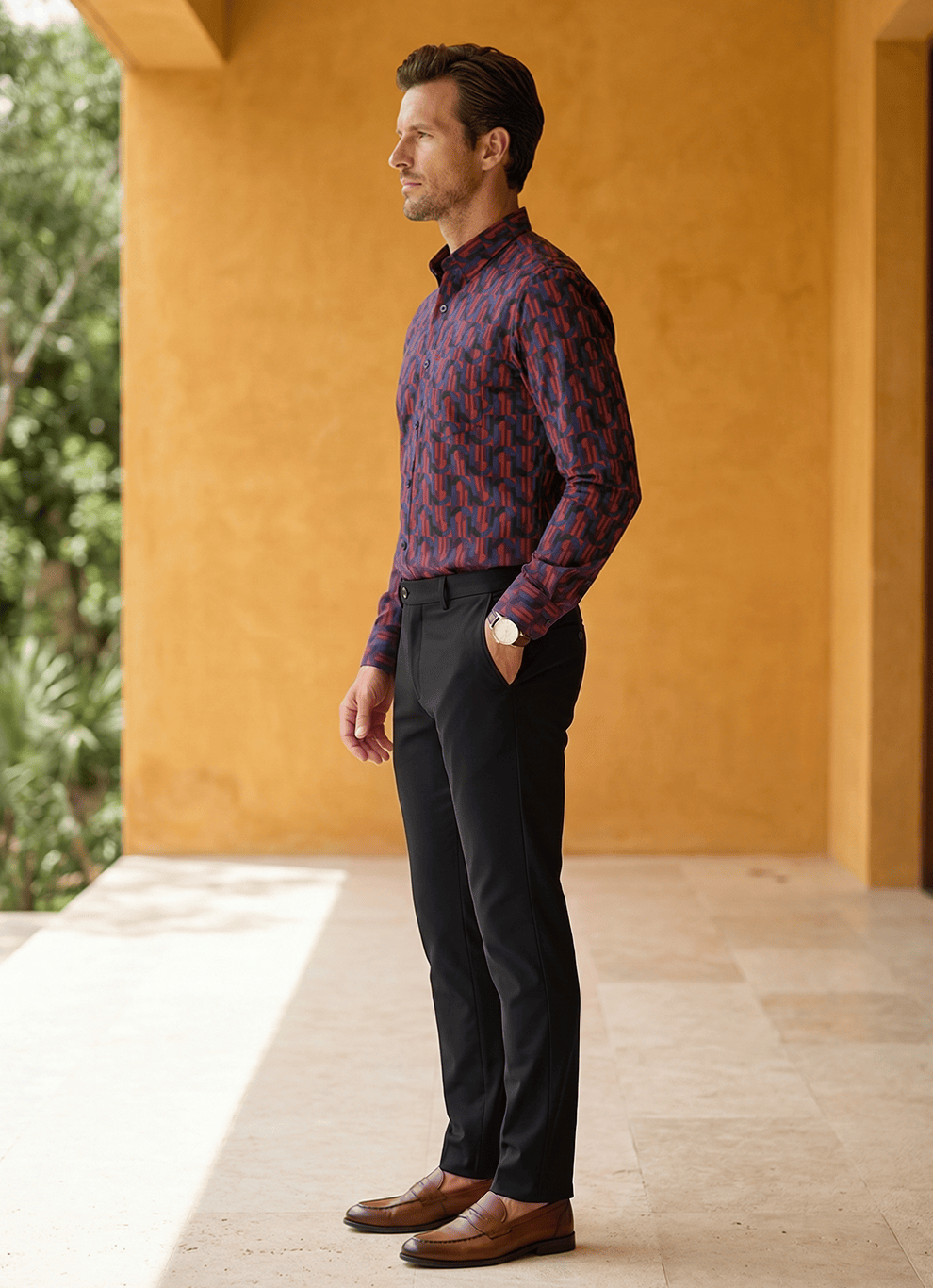 Blue Cotton Satin Print Slim Fit Full Sleeve Shirt