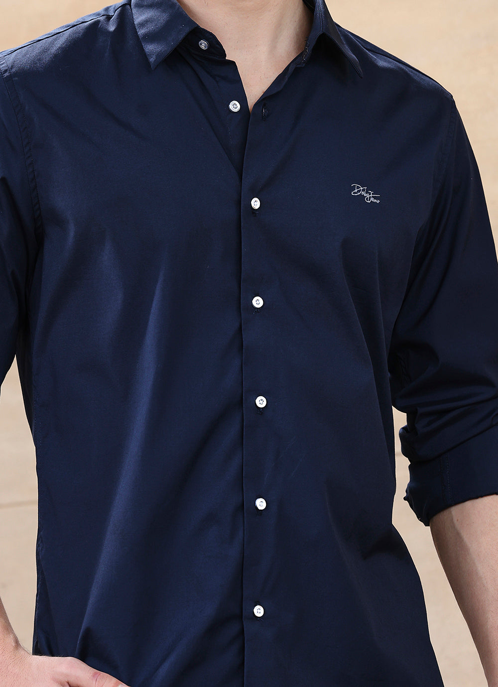Navy Solids Cotton Satin Slim Fit Shirt
