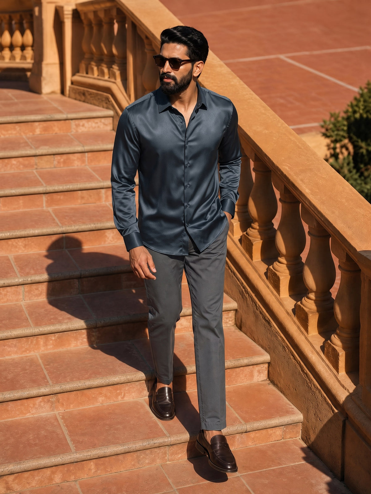 Petrol Blue Cotton Stretch Slim Fit Full Sleeve Shirt