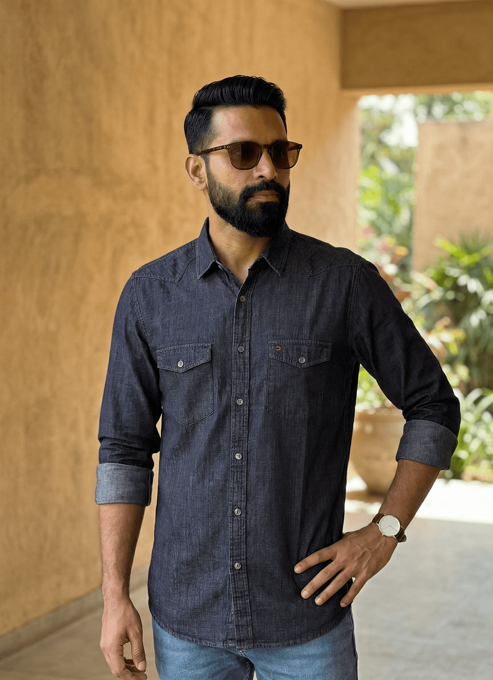 Indigo Cross Hatch Denim Cotton Slim Fit Full Sleeve Shirt
