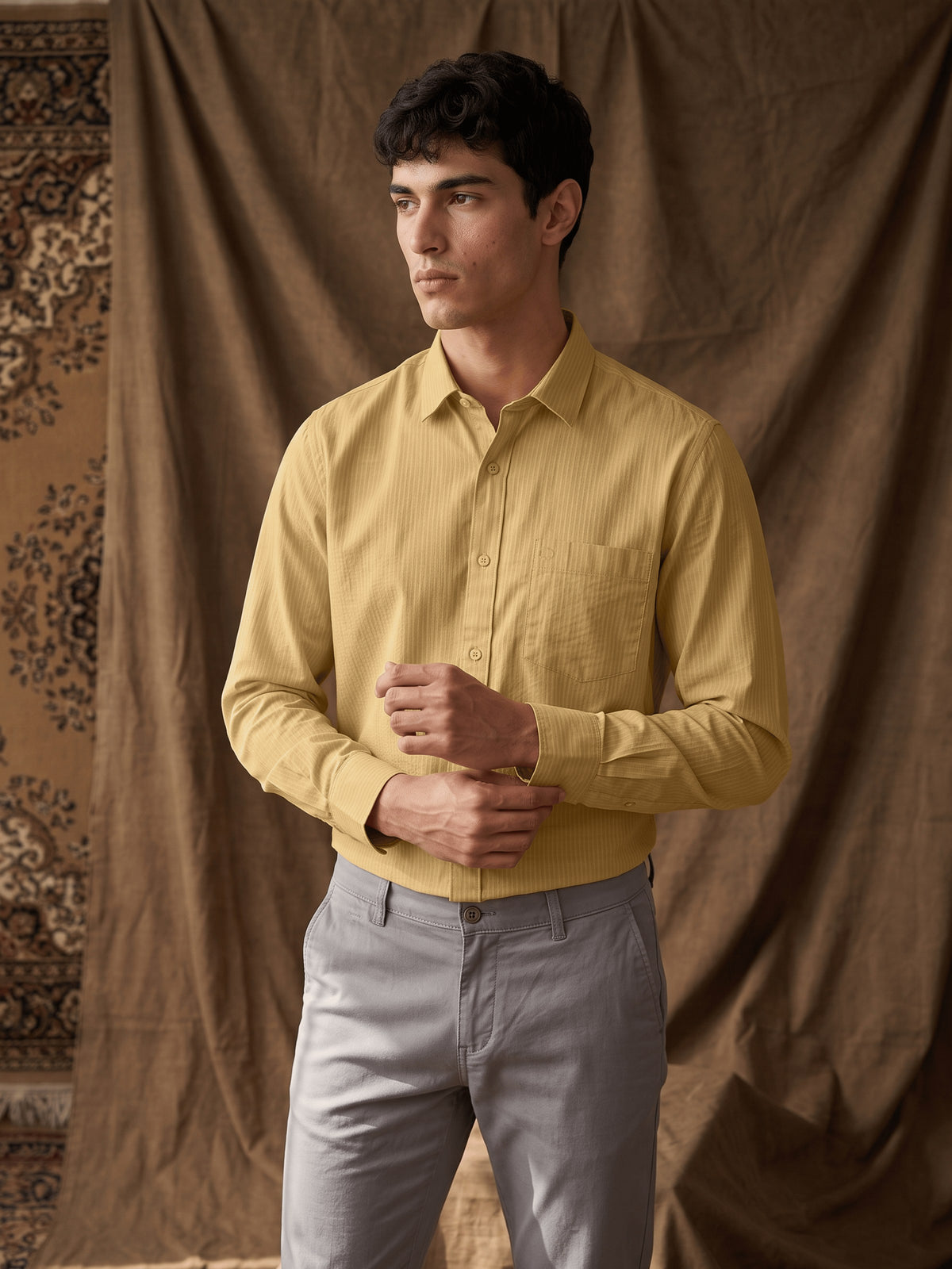 Yellow Textured Cotton Slim Fit Full Sleeve Shirt