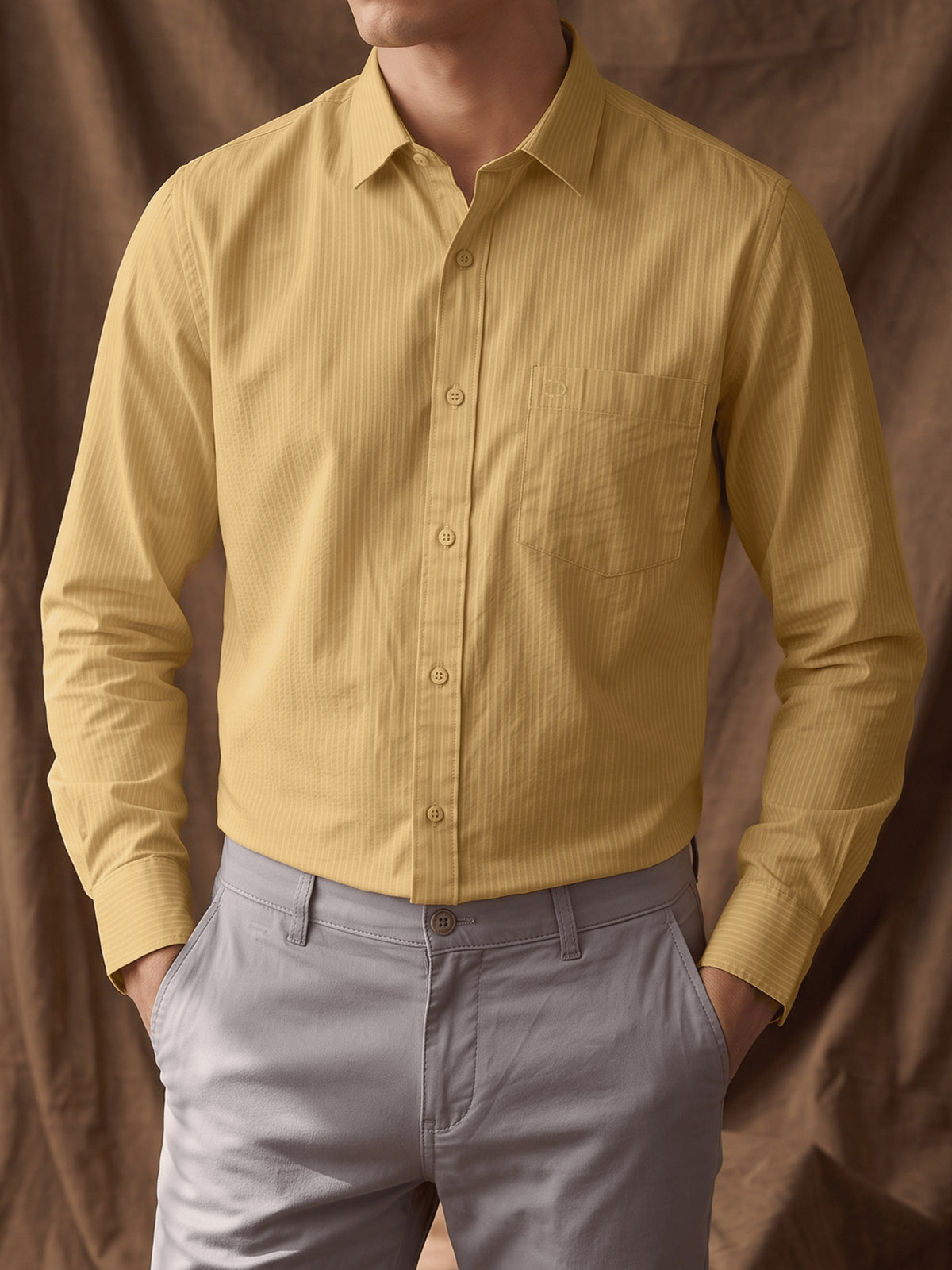 Yellow Textured Cotton Slim Fit Full Sleeve Shirt